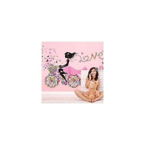 1 Vinilo decorativo romántico para pared: Chica en bicicleta, flores, mariposas, hada - Crezuo