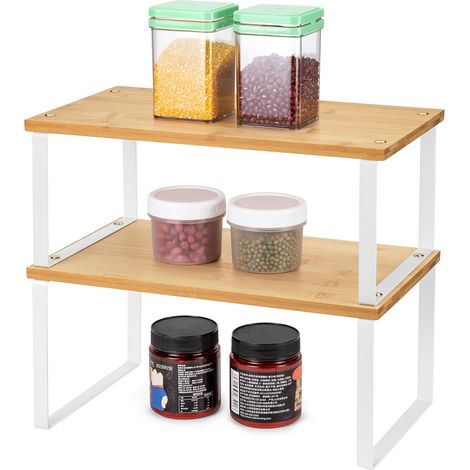 Etagere Rangement Placard Cuisine, Lot de 2, Porte-épices Empilable, Etagères de Rangement et Organisation pour Cuisine, Placard, Plans de travail, Garde-manger, en Métal et Bambou (1/5)