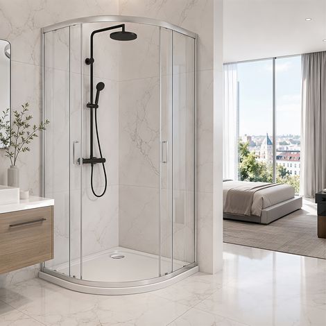 Jiubiaz Receveur de douche extra-plat 90 x 90 cm quart de rond blanc avec évacuation Ø 90 mm chromée (1/5)