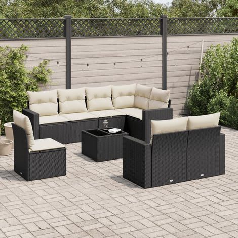 vidaXL Salon de jardin 9 pcs avec coussins noir résine tressée (1/3)