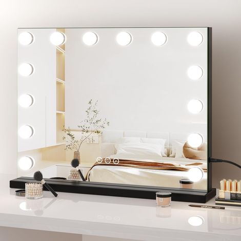 Dripex Miroir de coiffeuse style Hollywood , miroir de maquillage avec 14 ampoules et 3 températures de couleur, miroir Hollywood lumineux, miroir cosmétique à commande tactile, 50 x 42 cm, Noir