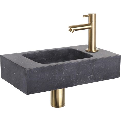 Differnz Force kit lave-mains - 40x22x9cm - Rectangulaire - 1 trou de robinet - Robinet droit en or mat - Pierre naturelle noire (1/5)