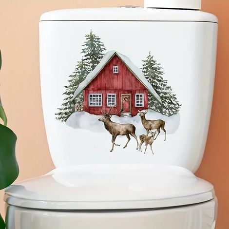 Weihnachtsaufkleber mit Rentier-/Blumen-/Vogelmotiv, wasserfest, für WC-Sitz/Spülkasten/Badezimmer – 20 x 30 cm