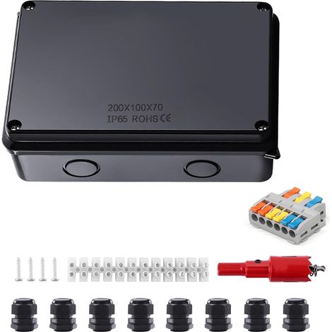 ABS Boite de Derivation, IP65 Boite Derivation, 200 X 100 X 70 mm Boitier Etanche Electrique Exterieur, avec Bornes et Accessoires de Montage, Adapté aux Câbles de Ø 12-16 mm (1/5)
