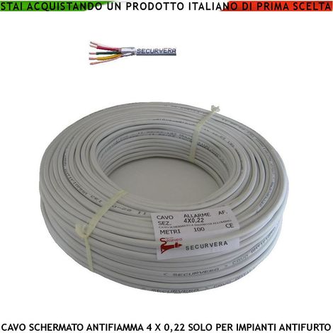 Cavo Flessibile Antifurto Schermato Antifiamma 4x0,22 mm² Guaina PVC Bianco Prot. Alluminio/Poliest Drenaggio 4 Condut. Polariz. Fili 7 Ø 0,19 mm Twistato Per Impianti di Allarme Norma CEI 20/22-III (1/2)