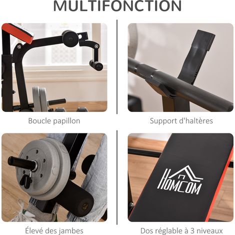 HOMCOM Banc De Musculation Pliable – Dossier Réglable 6 Niveaux, Assise 4 Niveaux, Mousse Haute Densité, Acier Renforcé 120 Kg, Noir/Rouge