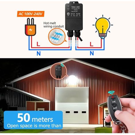 Télécommande sans fil étanche interrupteur radio AC 240V 220V récepteur relais 30A pour emplacement humide zone de cour extérieure pompe à eau légère irrigation de ferme toit garage entrepôt (1/5)