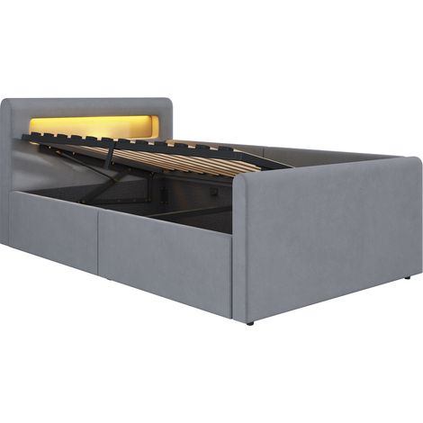 Gepolstertes Kinderbett 90x200 cm mit LED, USB und hydraulischem Stauraum, hellgrauem Samt (1/5)