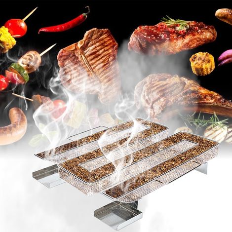 Jiubiaz Kaltraucherzeuger aus Edelstahl 22,5 × 17,5 × 4,5 cm, energiesparender Kaltrauchgenerator mit 2 Haken und Bürste zum Räuchern und Grillen (1/5)