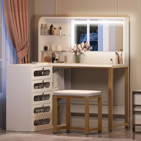 Coiffeuse d'angle en L avec Miroir, Coiffeuse multifonctionnelle, Tabouret réglable et 5 tiroirs de Rangement Pratiques, Blanche (1/5)