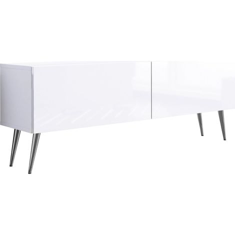 Meuble TV : Blanc Mat / Blanc Brillant, pieds Chrome, 140 × 52 × 32 cm (1/5)