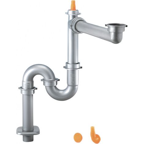 Siphon gain de place gris métallisé pour évier collectif 1 bassin avec sortie au sol