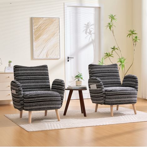 Poltrona 77x81x87 cm nera in bouclé con tasca laterale e gambe in legno (1/5)
