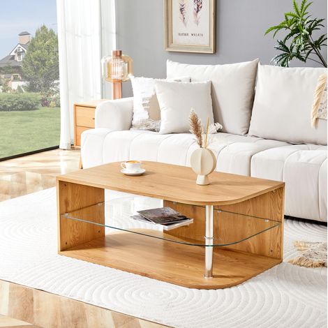 Mesa de centro con almacenamiento 100x60x42 cm, balda de vidrio y MDF color madera natural HAVRYA (1/5)