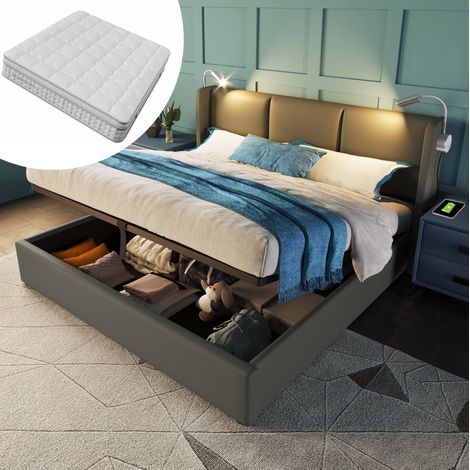 Cama canapé tapizada 160x200 cm gris PU con cabecero, luz de lectura, USB y colchón H3 de 7 zonas