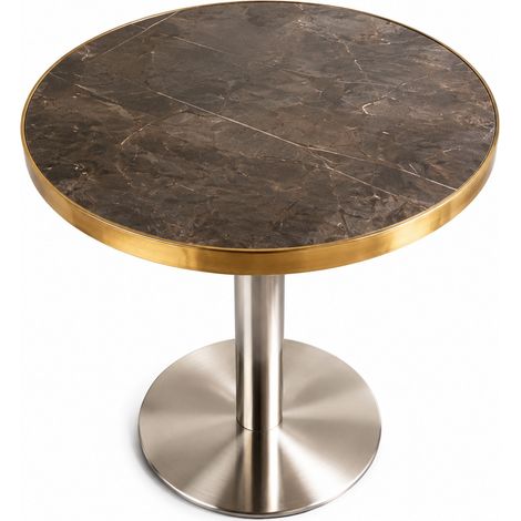 Moderner runder Beistelltisch aus grauem MDF in Marmoroptik mit goldenem Edelstahlrand (1/5)
