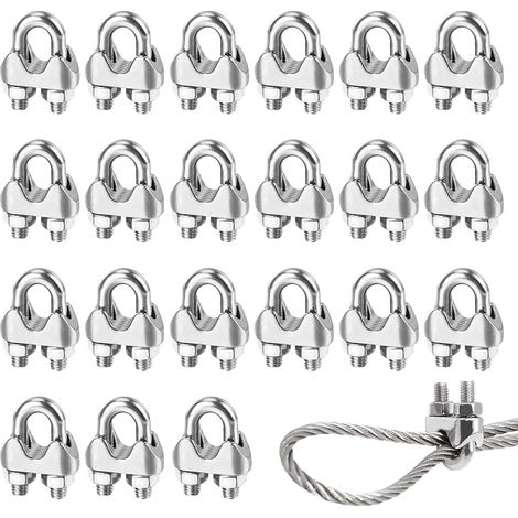 Serre Cable Acier M4 Serre-Câbles Métallique,20 Pièces Serre Cable Inox 4mm,U Boulon Clip de Câble Métalliques,Argent Serre-Câble Rotatif Fixation de Selle pour Clôtures de Jardin,Corde à Linge (1/5)