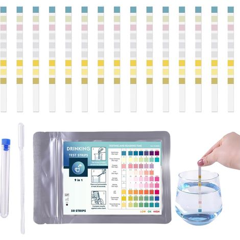 50Pcs 9 En 1 Bandelette Piscine Test Piscine Test Eau Piscine Pour Piscines et Spas Test Eau Potable Bandelette Testeur Dureté de L'eau pour Aquarium Languette Piscine pour Analyse pH Chlore (1/5)