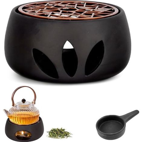 Calentador de tetera, Juego de té de porcelana con portavelas y posavasos, Diseño tallado calado, Calentador de café, calentador de tetera, Negro (1/5)