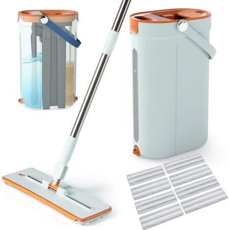 COSTWAY Mop & Bucket Set 3-Tank Flat Floor Mop & Bucket System w/Wringer-Green (1/5)