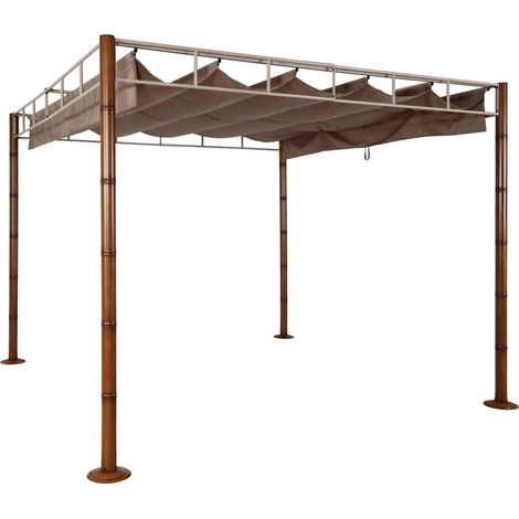 Décoshop26 – Pergola pavillon de jardin 3x3m – Structure métallique 7cm – Toit coulissant hydrofuge en polyester – Aspect bambou taupe – 40008121