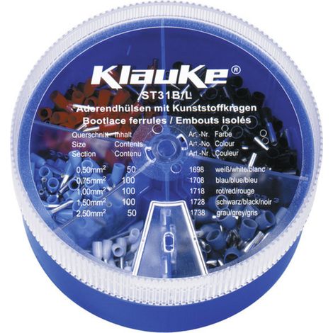 Klauke ST31B Aderendhülsen-Sortiment 0.5 mm², 0.75 mm², 1 mm², 1.5 mm², 2.5 mm² Teilisoliert Weiß, B