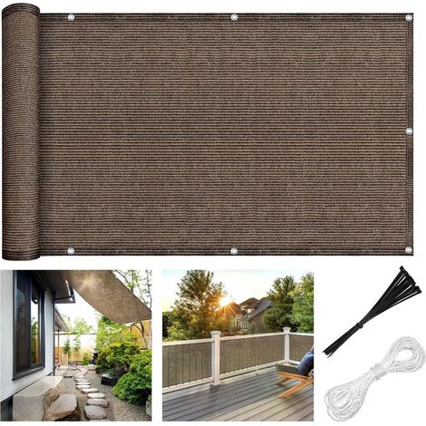 Paravent de balcon écran d intimité imperméable transparent résistant aux UV avec cordon de serrage et attaches de câble couleur café dimensions 0,9 m x 5 m (1/4)