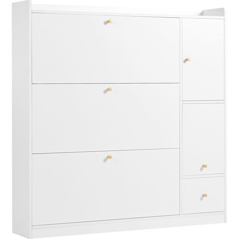 Zapatero blanco con 3 puertas abatibles, banco plegable y compartimento lateral 119x24x122 cm (1/5)