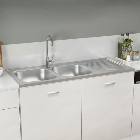 Évier de cuisine à double évier,Évier 2 Bacs,Vasque pour cuisine argenté 1200x600x155 mm inox MEMV425769 (1/5)