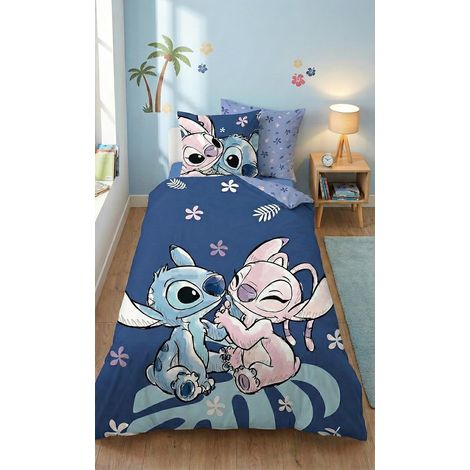 Parure de Lit Stitch & Angel Leaf, Housse de Couette Réversible 140x200 cm + Taie d'oreiller 65x65 cm, Polycoton, Certifiée Oeko-Tex