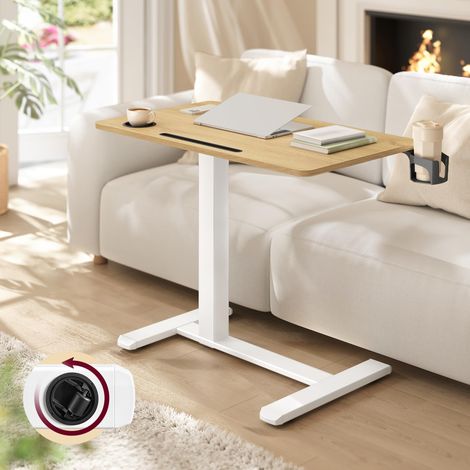 Bureau Assis-Debout sur roulettes, Table Mobile Réglable en Hauteur, Plateau de 80 x 45 cm, 2 Porte-gobelets, Fente Porte-Téléphone ou Tablette, Doré Chêne (1/5)