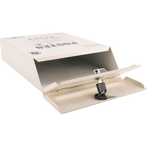 Available in one color only: white. Made of iron, this vintage-style wall-mounted mailbox offers a large capacity and includes a lock and a lid.