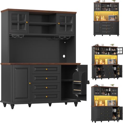 Küchen-Highboard mit 4 Schubladen, Verstellbaren Böden und RGB-LED, Gläserhalter, MDF Schwarz, 140x40x179.5 cm (1/5)