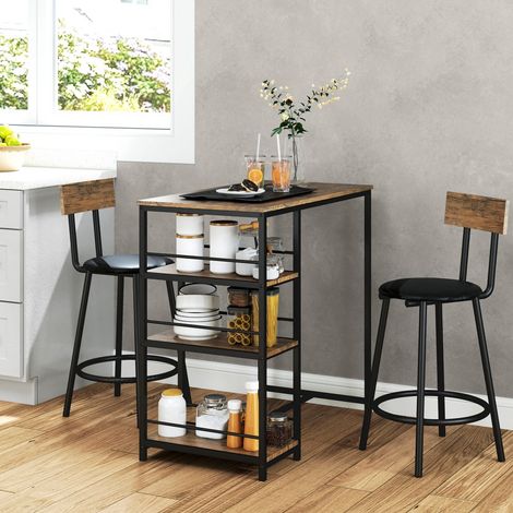 Ensemble table et chaises de bar 3p - Table acier + 2 tabourets, 3 étagères chêne, style moderne (1/5)