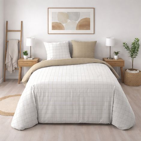 Parure de lit réversible 200 x 200 cm – Carreaux chic – 100% coton 57 fils – 2 taies 63x63 cm (1/5)