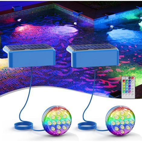 Lot de 2 Lumiere Piscine Solaire, LED Lampe Solaire Piscine avec Télécommande [Multicolore & Blanc Chaud] pour SPA, Aquarium, Jardin, Fontaine, Fête, IP68 Etanche Solar Pool Lights, 1500 mAh (1/5)