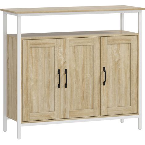 Buffet, meuble de rangement à 3 portes, compartiment ouvert et 4 étagères réglables, 100 x 35 x 88 cm, bois naturel (1/5)