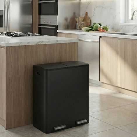 Poubelle à Pédale 2 x 30 L, Tri Sélectif, Seaux Amovibles, Acier, pour Cuisine, Noir (1/5)