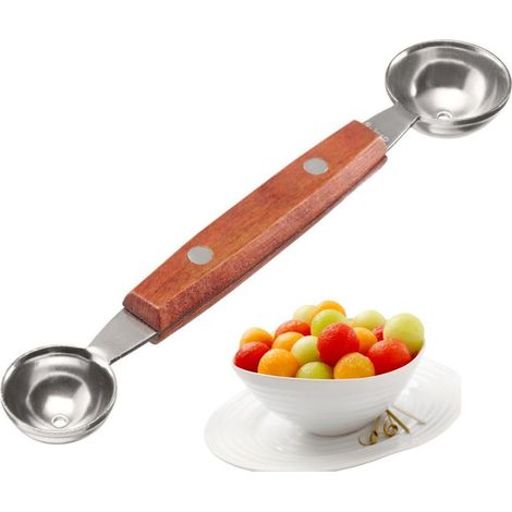 Doppelseitiger Pariser Löffel – Kleiner Löffelkopf, geeignet zum Auslöffeln des Fruchtfleisches von Melonen, Kiwis und Obst und Gemüse, Edelstahl- und Holzdesign, 16,7 x 2,5 cm. (1/5)