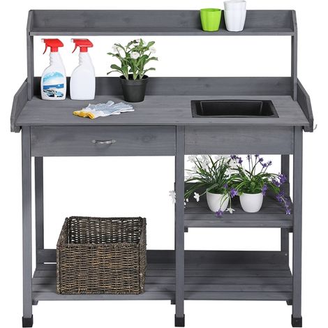 Homevive Mesa de Cultivo Jardinería para Plantación con Terraza Balcón Gancho Fregadero Cajón 114.8x45x121 cm Gris (1/5)