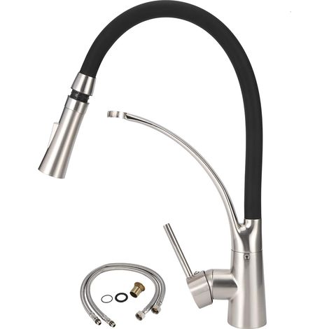 Robinet de Cuisine Rotatif et Flexible à 360°, Robinet D'évier à Poignée Unique, Robinet à Tuyau Flexible En Silicone Noir, Robinet à Bec Rétractable, Type à Jet et à Débit(EU3/8). (1/5)