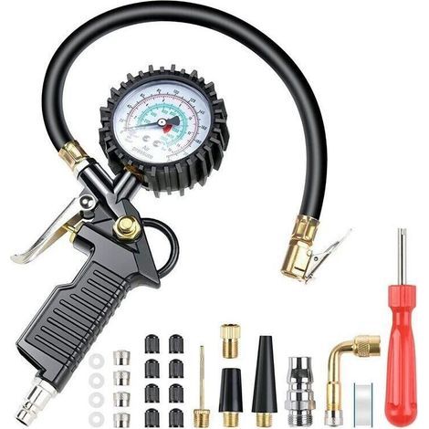 CHOYCLIT Numérique Manomètre Pression Pneu Jauges de Pression des Pneus 220PSI Multifonctionnelle Pistolet de Gonflage Manometre avec 24 Accessoires Buses Divers et Outils pour Voitures Motos Vélos (1/5)