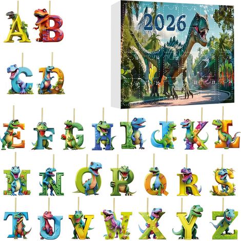 Calendrier de l'Avent avec des lettres de dinosaures, boîte surprise amusante, pendentif en acrylique avec lettre anglaise, coffret cadeau de Noël A (1/5)