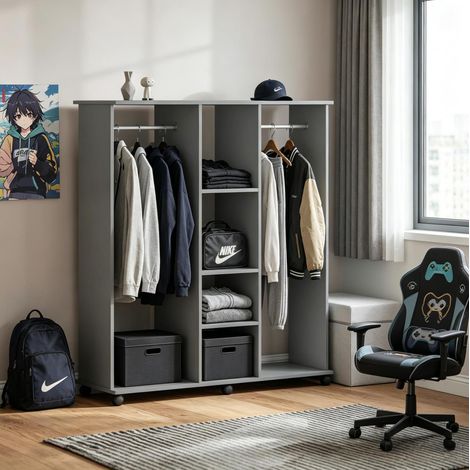 Penderie mobile ouverte en aluminium et panneaux, 120 x 40 x 128 cm, avec étagères et roulettes grises (1/5)