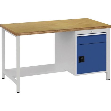 Banco de trabajo gris claro azul señal L1500xH859xF750mm haya multipl. 40mm 1 cajón 1 puerta