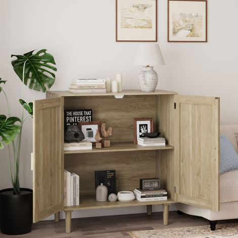 Meuble rotin 2 portes 80cm, armoire de stockage naturelle pour salon, séjour ou entrée, rangement élégant en fibres végétales (1/5)