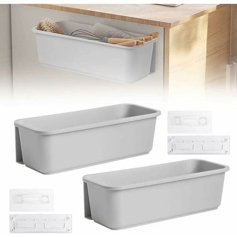 Lot de 2 tiroirs coulissants de rangement sous évier, organisateur de cuisine extensible avec glissières et 4 crochets, blanc (1/3)