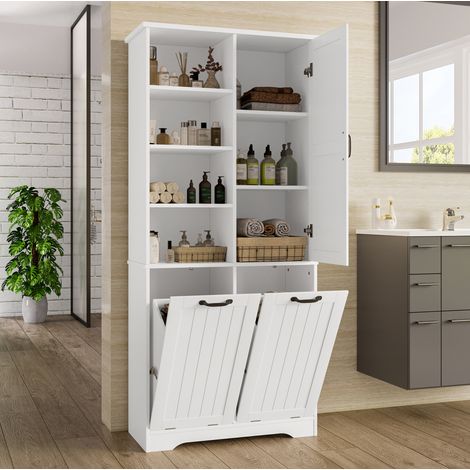 Armario de baño 78x35x172,7 cm de MDF blanco, 2 cestas para ropa – MEUBLIV (1/5)