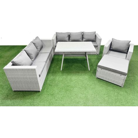 Fimous Outdoor Rattan Garden Furniture Dining Set 8-seater Patio Rectangular Table 3 Seater Sofa Armchair Set with Big Stool (1/4)