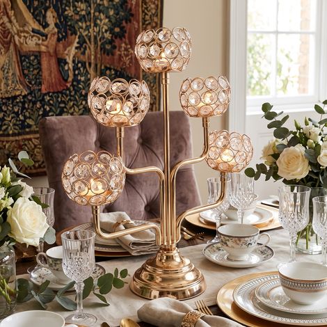 Chandelier vintage à 5 branches en cristal, porte-bougies, centre de table pour bougies chauffe-plat, décoration de table pour mariage, réception et dîner (1/5)